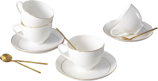 Bone China Tea Cups and Saucers Set (7 oz, Set of 4) ??White Luxury Fine Porcelain Mugs for Tea, Coffee, Latte Art, Barista Use, Elegant Gifting