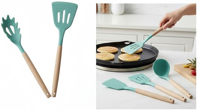 Silicone Cooking Spoons, 5-Piece Nonstick Utensil Set with Acacia Wood Handles - Heat-Resistant for Frying, Serving & Turning Spatula
