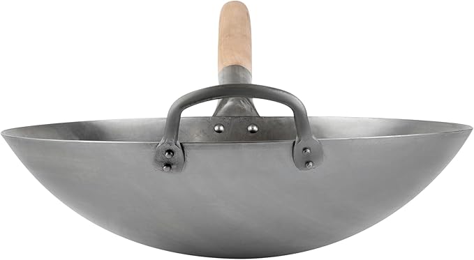 Motomori 14 Inch Hand-Hammered Carbon Steel Woks, 10 Traditional Japanese Woks - Round Bottom, Wooden Handle, Black Carbon Steel Traditional Stir Fry Pans, With Helper Handle - Restaurantware