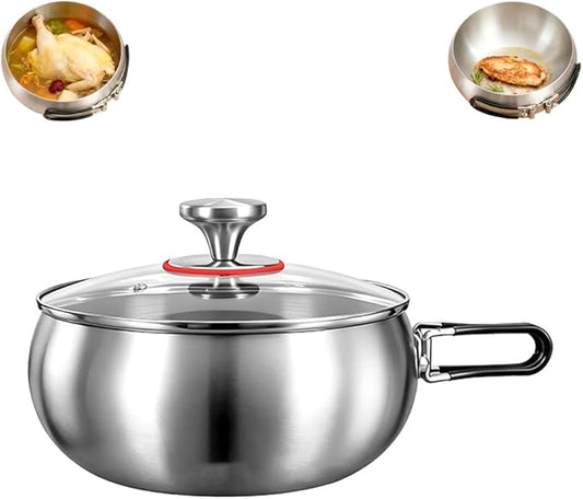 Thickened Multi-Layer Stock Pot, Stainless Steel Camping Cook Pot with Lid and Folding Handle, Scratch-Resistant Non Stick Frying Pans, Even Heating for Cooking,7.87IN