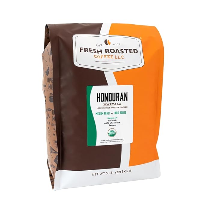 Fresh Roasted Coffee, Organic Honduran Marcala | USDA Organic, 100% Single Origin, Kosher | Medium Roast 5 lb (80 oz) Whole Bean