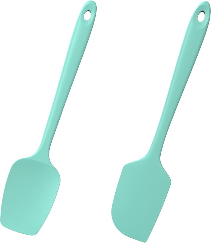 2-Piece Silicone Scraper & Spoon Spatulas: Doosu 600째F Heat Resistant Food Grade BPA Free Rubber Baking Flat Spatula Kitchen Cooking Spoonula for Mixing Scraping Folding Stirring Serving (Aqua Sky)