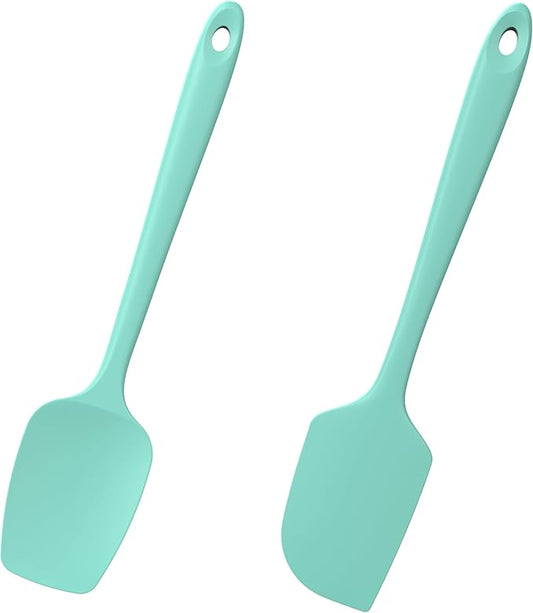 2-Piece Silicone Scraper & Spoon Spatulas: Doosu 600째F Heat Resistant Food Grade BPA Free Rubber Baking Flat Spatula Kitchen Cooking Spoonula for Mixing Scraping Folding Stirring Serving (Aqua Sky)