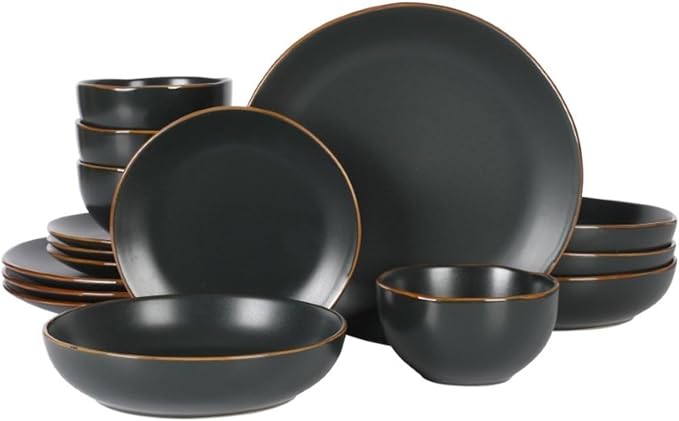 Gibson Home Hazeltine 16-Piece Black Stoneware Dinnerware Set ??Plates and Bowls, Durable Ceramic Kitchen Dinner Set