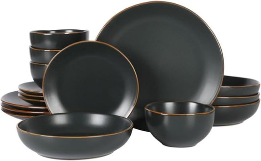Gibson Home Hazeltine 16-Piece Black Stoneware Dinnerware Set ??Plates and Bowls, Durable Ceramic Kitchen Dinner Set