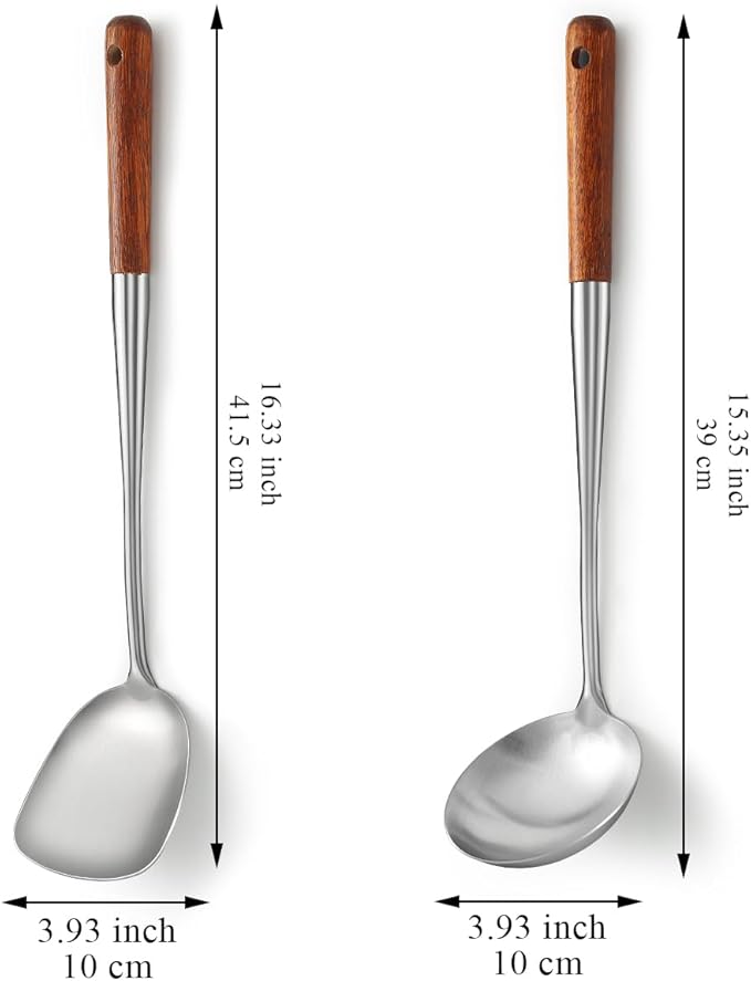 17??Wok Spatula & Ladle Set, Stainless Steel Wok Tools with Wooden Handle, Heat-Resistant Chinese Turner & Deep Soup Ladle, 2-Piece Wok Utensils for Stir-Fry, Wok Accessories