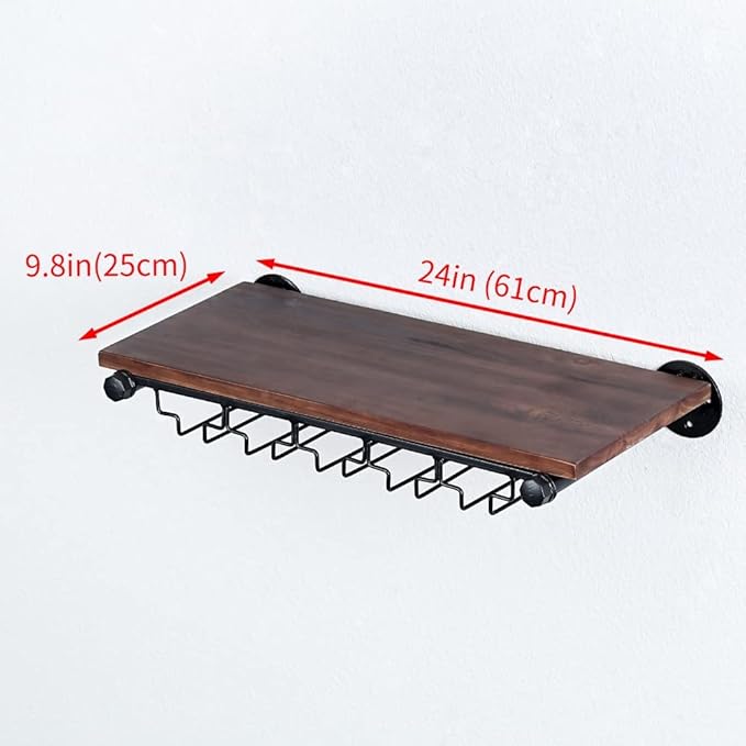 Industrial Wine Rack Wall Mounted with 5 Glass Holder,Wine Glass Rack Floating Wine Glass Shelf,24in Pipe Shelving Hanging Wood Shelves