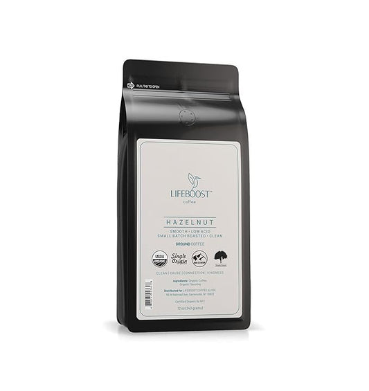 Lifeboost Hazelnut Ground Coffee ??Organic, Low Acid, Non-GMO Hazelnut Flavored Coffee ??Single Origin, Mold-Free Mycotoxin Tested Coffee, 12 oz