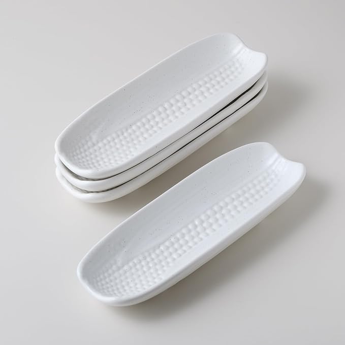 WENSHUO Ceramic Corn Cob Holders, Corn Dishes Set of 4, Microwave Safe, L9 * W3, Nacre White