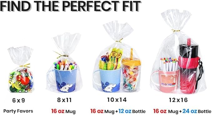 PigPotParty Cellophane Bags 8"x11", 50 Pack Clear Gift Bags, Bottom Gusset for Stand-Up Display, Plastic Cellophane Gift Wrap, Ideal for Goodies, Treats, Party Favors, Mugs, Includes 50 Ties