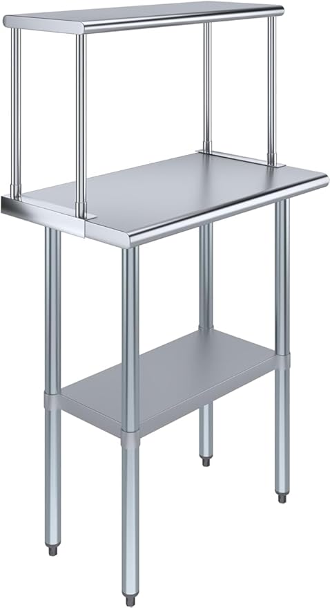 Stainless Steel Work Table with Wide Single Tier Overshelf | Metal Kitchen Prep Table & Shelving Combo (18" x 30" Work Table + 12" Overshelf)