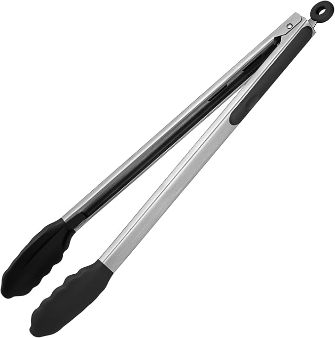 600쨘F Heat Resistant Kitchen Tongs: U-Taste 16 inch Extra Long Large Silicone Cooking Tong with Sturdy Non Stick Rubber Tips & Non Slip Silicon Coated 18/8 Stainless Steel Handle for Grill BBQ (Black)