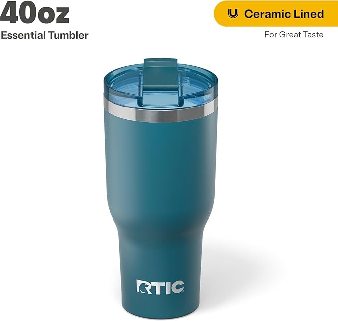 RTIC 40oz Essential Tumbler with Lid, Ceramic Lined, Insulated, Stainless Steel, Metal, Double Wall Vacuum-Insulation, Travel Cup for Iced Coffee, Tea, Hot and Cold Drink, Marine