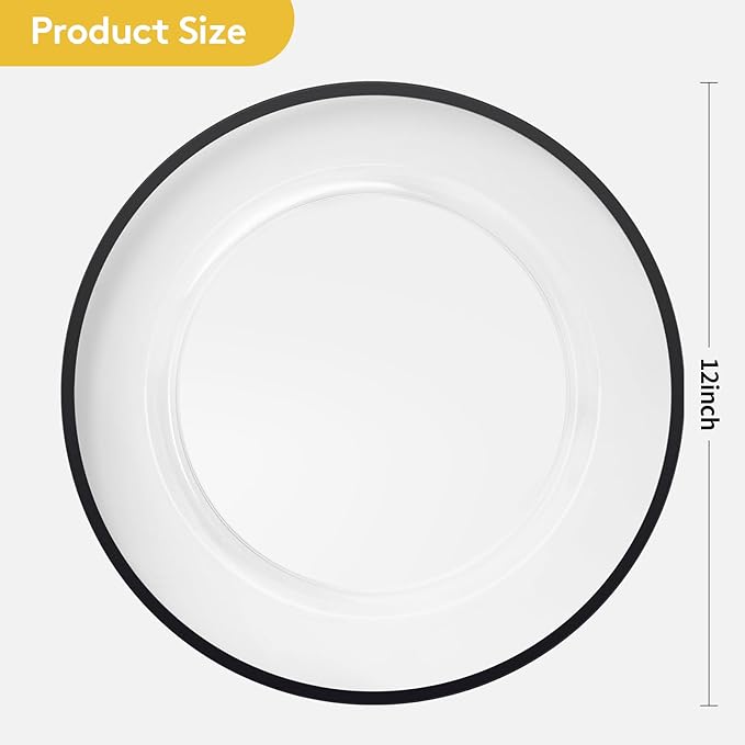 Goodluck 12 Inch Charger Plates, 25 Pack Clear Charger Plates with Black Trim, Plastic Charger Plate Bulk for Dinner, Wedding, Party, Event Decoration, Clear&Black