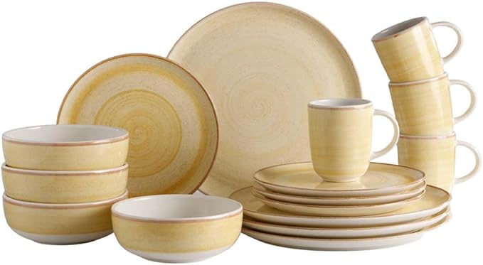 Corona 16 ?뱎iece Yellow Hand-painted Vintage Style Ceramic Dinnerware Sets, Plates, Bowls and Mugs, Service For 4, Mustard Caoba