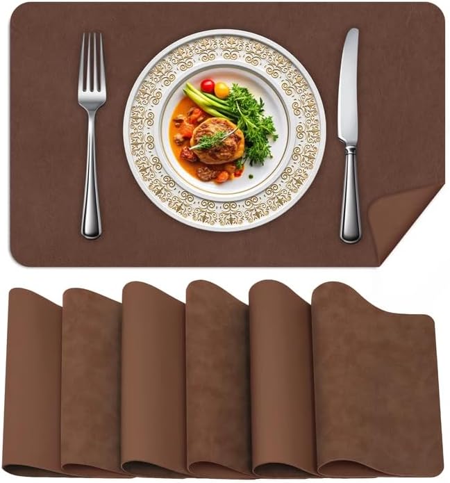BLESWIN Faux Leather Placemats, Set of 6, 12횞17 Inch -Double Side Texture Color Table Mats, Heat-Resistant, Waterproof and Oil-Resistant, Suitable for Dining Room, Kitchen, Party, Outdoor - Brown