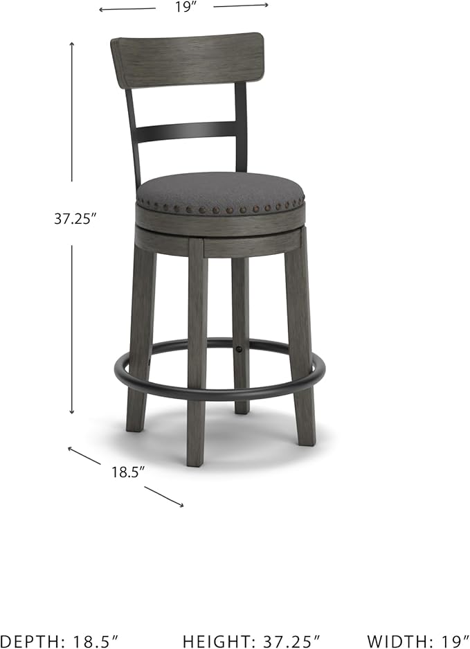 Signature Design by Ashley Caitbrook | Farmhouse Swivel 24" Counter Height Barstool ??360째 Swivel, Upholstered with Nailhead Trim, Metal & Wood Frame, Gray