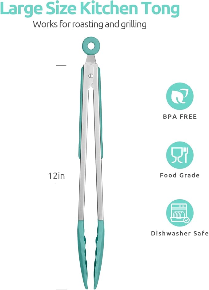 600쨘F Heat Resistant Kitchen Tongs: U-Taste 12 in Large Silicone Cooking Tong with Sturdy Non Stick Rubber Tips & Silicon Coated 18/8 Stainless Steel Handle & Smooth Locking for Serving Grill-Aqua Sky