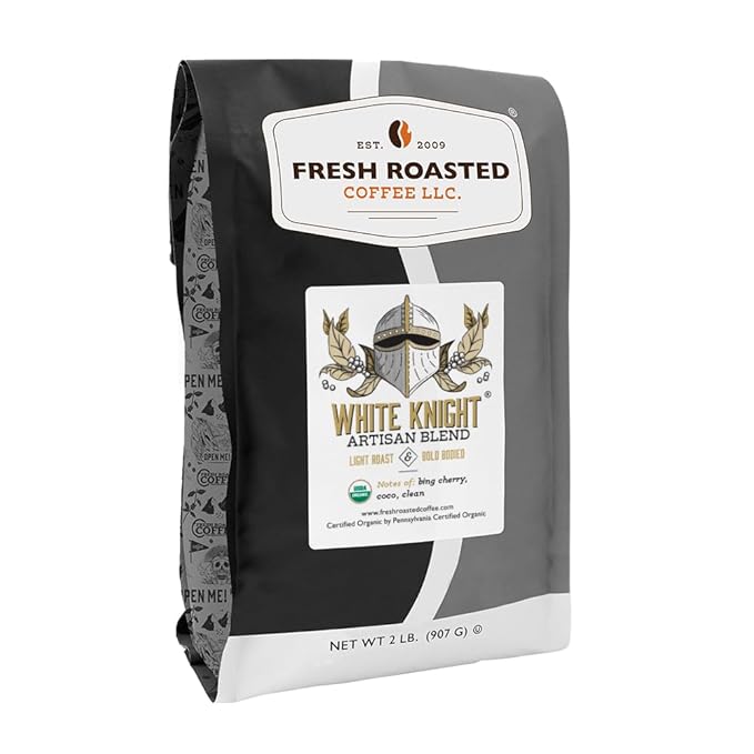 Fresh Roasted Coffee, Organic White Knight | USDA Organic, Kosher | Light Roast 2 lb (32 oz), Whole Bean