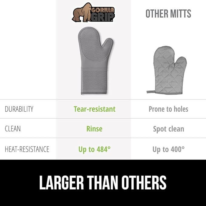 GORILLA GRIP BPA-Free Soft Silicone Oven Mitts, Heat Resistant and Waterproof Cooking Gloves, Thick Cotton Lining, Flexible Gripping for Baking Grilling, Kitchen Potholders Set of 2, 12.5x8.3, Gray