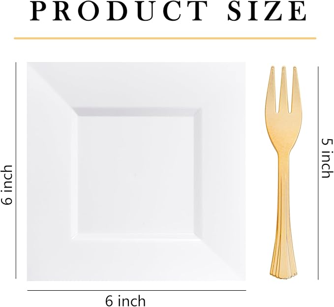 supernal 200Pcs White Dessert Plates 6" with Gold Plastic Forks 5.7",White Disposable Square Plates for 100 Guests, Including 100 Plastic Appetizer Plates and 100 Dessert Forks for Party