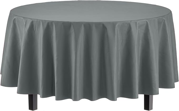 Party Solids Pack Of 6 Premium Plastic Tablecloth 84 Inch Round Plastic Table Cover - Silver