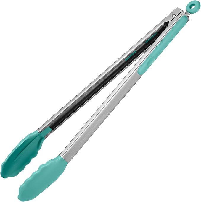 600쨘F Heat Resistant Kitchen Tongs: U-Taste 16 in Extra Long Large Silicone Cooking Tong with Sturdy Non Stick Rubber Tips & Non Slip Silicon Coated 18/8 Stainless Steel Handle for Grill BBQ(Aqua Sky)