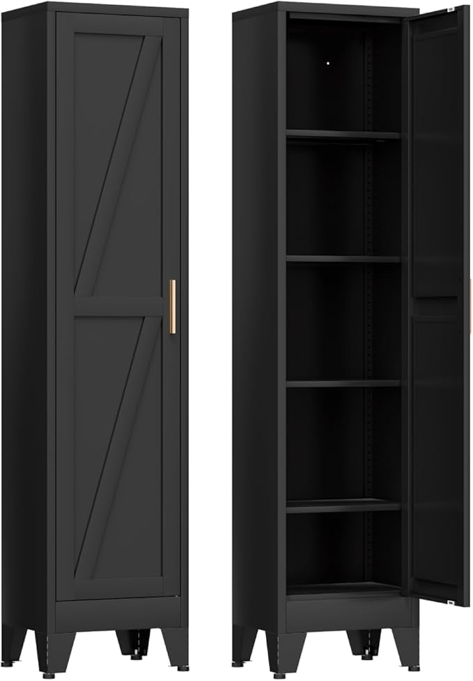 COFaR 67'' Tall Slim Bathroom Storage Cabinet, Metal Narrow Bathroom Cabinet with 4 Adjustable Shelves and One Door, Skinny Cabinet Storage for Kitchen Laundry, Black Farmhouse 5 Tiers