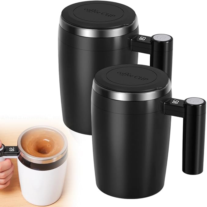 Electric Magnetic Stirring Coffee Mug, 2026 New Automatic Stirring Coffee Cup with Temperature Display, 12.85oz Self-Stirring Mug with Lid Suitable for Coffee, Milk, and Other Beverages (2PCS Black)