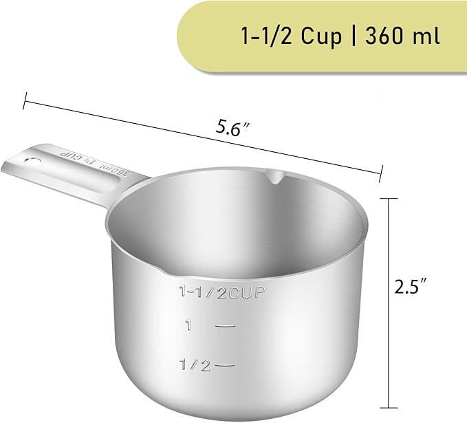 BERYLER 2PCS 1-1/2Cup (360ml, 12oz) Single Measuring Cup, Stainless Steel Measure Scoop, Metric and US Measurement, Dishwasher Safe