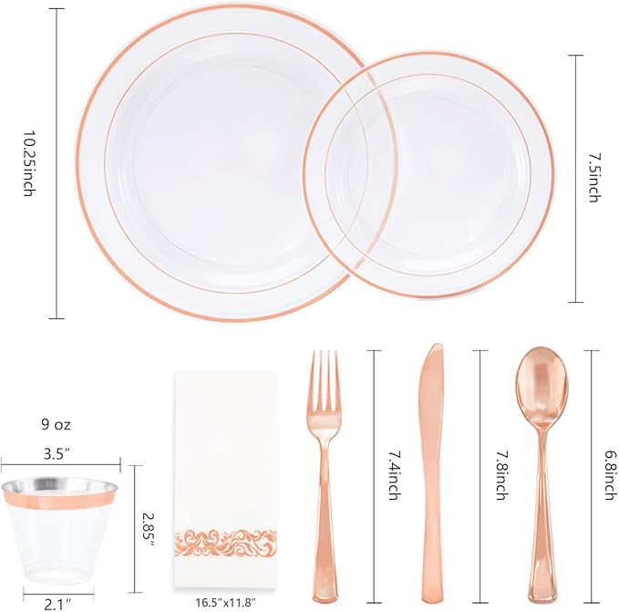 DaYammi 350Pcs Rose Gold Dinnerware Set Include: 50 Dinner Plates 10.25?쇺?50 Dessert Plates 7.5?쇺?50 Rose Gold Cutlery,50 Disposable Cups 9 OZ with 50 Napkins for Party
