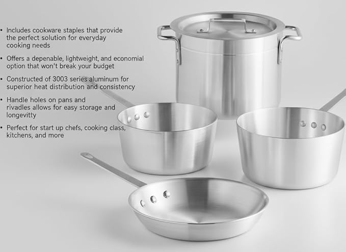 5-Piece Aluminum Cookware Set ??Includes 2.75 Qt & 3.75 Qt Sauce Pans, 8 Qt Stock Pot with Cover, and 10" Fry Pan ??Heavy-Duty Riveted Handles, Superior Heat Distribution (5-Piece Set)