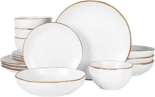 Gibson Home Hazeltine 16-Piece White Stoneware Dinnerware Set ??Plates and Bowls, Durable Ceramic Kitchen Dinner Set