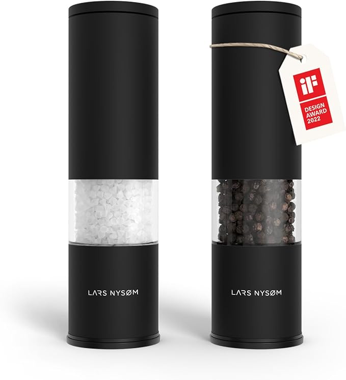 LARS NYS횠M Salt and Pepper Grinder Set Manual, Stainless Steel Salt and Pepper Mills with Adjustable Ceramic Grinder I Design Spice Shakers (Carbon Black)