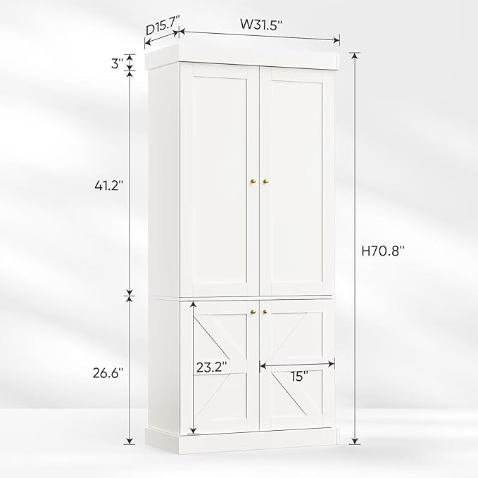 Vyre 70.8" Tall White Bookshelf with Doors, Farmhouse Modular Bookcase with 4-Tier Adjustable Shelves, Large Storage Cabinet for Home Office, Living Room, Set of 4