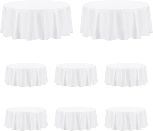 PureFit 8 Pack Round White Table Cloths 90 Inch for Round Tables, Stain and Wrinkle Resistant Table Linens for Home Use, Wedding, Party, Banquet and Camping