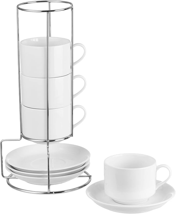 8oz Porcelain Cappuccino Cups with Saucers and Metal Stand, Stackable Coffee Cups for Specialty Coffee Drinks, Cappuccino, Latte, Espresso, Americano and Tea - White Cups Set of 4