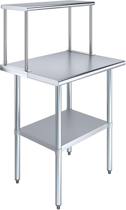 Stainless Steel Work Table with Wide Single Tier Overshelf | Metal Kitchen Prep Table & Shelving Combo (24" x 30" Work Table + 12" Overshelf)