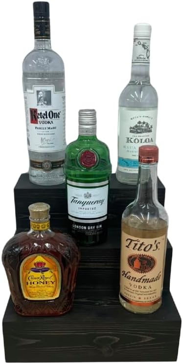 Handmade Tiered Display Shelving - Three Tier Bar Display - Bar Organizer - Liquor Bottle Display (12" with Back, Black)
