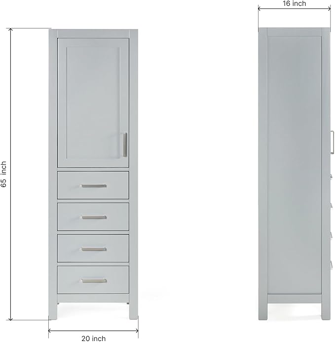 ARIEL Cambridge Bathroom Storage Cabinet - Solid Hevea Wood and Fully Assembled for Long-Lasting Durability and Sophisticated Finish, Freestanding Linen Bathroom Cabinet - 65?쒱 x 20?쓂 x 16?쒭, Grey