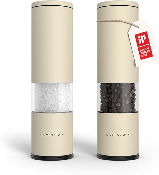 LARS NYS횠M Salt and Pepper Grinder Set Manual, Stainless Steel Salt and Pepper Mills with Adjustable Ceramic Grinder I Design Spice Shakers (Almond Beige)