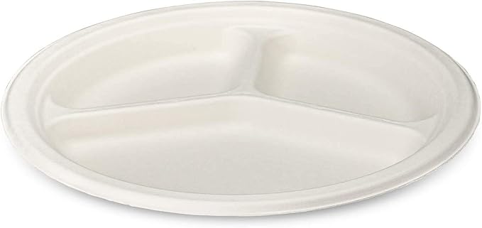 GUSTO [9 Inch -125 Pack 3 Compartment Heavy-Duty White Paper Plates, 100% Compostable & Biodegradable (Formerly Comfy Package)