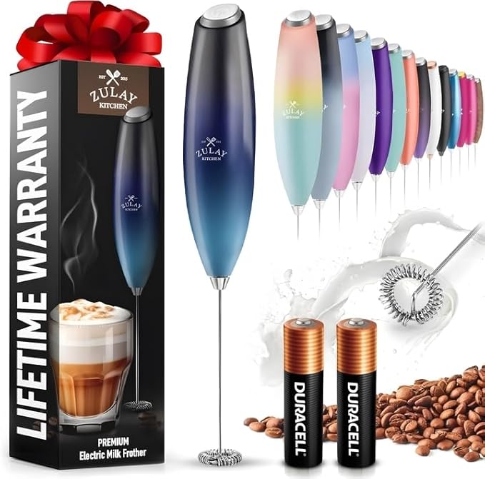 Zulay Kitchen Milk Frother Handheld Electric Whisk with AA Duracell Batteries ??Durable Drink Mixer for Coffee, Lattes, Cappuccinos & More - Deep Sea
