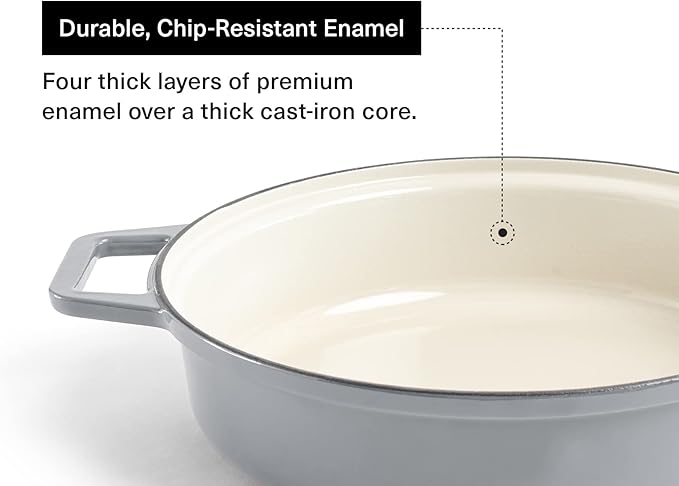 Misen 5.5 QT Braiser ??Enameled Cast Iron Pan for Searing, Braising & Slow Cooking ??No-Chip Enamel Coating ??Extra-Wide Handles ??Superior Heat Retention & Even Cooking - Gray