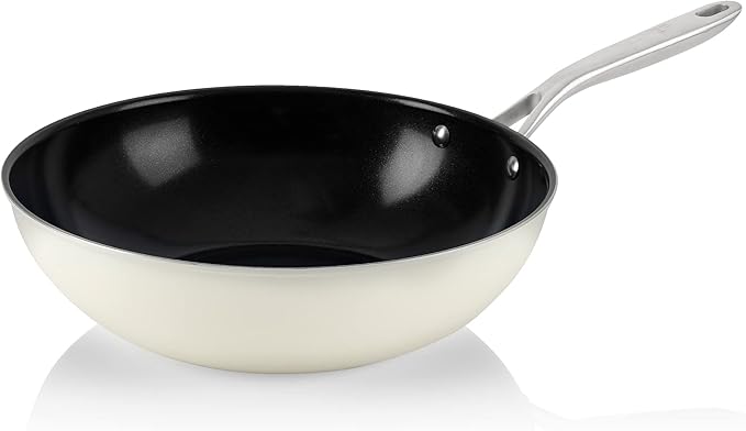 TeChef ValenCera Collectioin | Ceramic Nonstick Flat Bottom Wok Stir Fry Pan with Lid, Nontoxic - Free of PFOA, PTFE, PFAS, Induction Ready, Oven Safe, Made in Korea (Wok/Stir Fry Pan with Lid, 12-in)