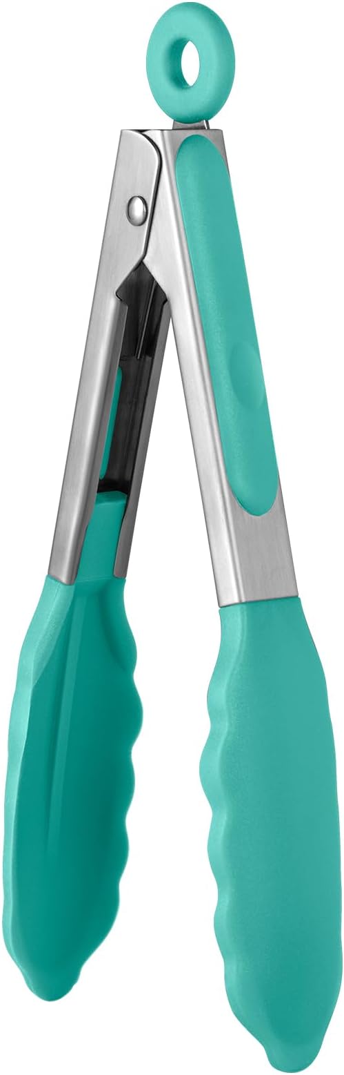600쨘F Heat Resistant Kitchen Tong: U-Taste 7in Silicone Cooking Tong with Firm Sealed Non Stick Rubber Tips & Silicon Coated 18/8 Stainless Steel Handle & Smooth Locking for Serving Salad (Aqua Sky)