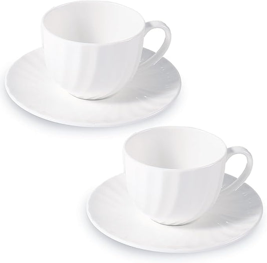 Fine Bone China Cappuccino Mugs Set of 2, 7 Oz Spiral Pattern Lightweight Ceramic, Art Coffee Cups with Saucers, for Latte, Mocha, Tea, Espresso, Macchiato, Americano