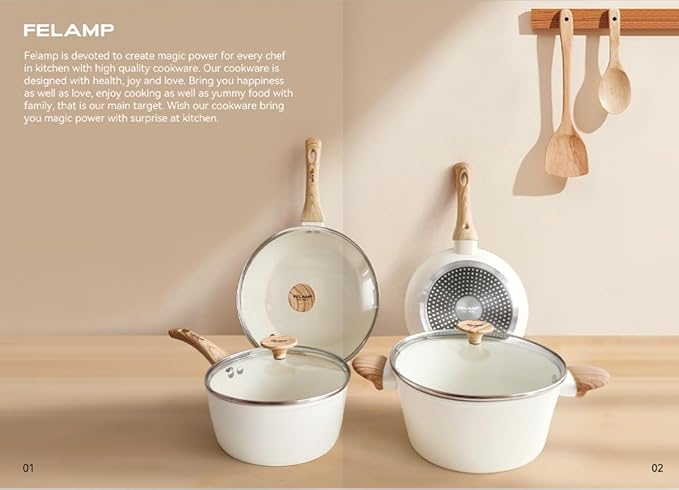 FELAMP Healthy Ceramic Nonstick Cookware Set, 7-Piece PFOA/PFOS/Toxin-Free Pots & Pans Set for Induction & All Stovetops, Dishwasher Safe with Glass Lids竊똆ift for New Home & Chefs