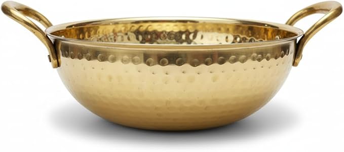 Pure Brass Hammered Kadai with Lid, Tin Coated Interior, 1.5 Liter Traditional Indian Cooking Pan, Gas Stove Compatible