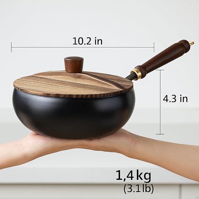 Usceshonn Iron Pot, Handmade Uncoated Thick Iron Wok with Wooden Lid, Japanese Hammered Large Belly Cooking Pan, Non-Stick Deep Stir Fry Pan for Gas & Open Flame (No lid, 10.3in)